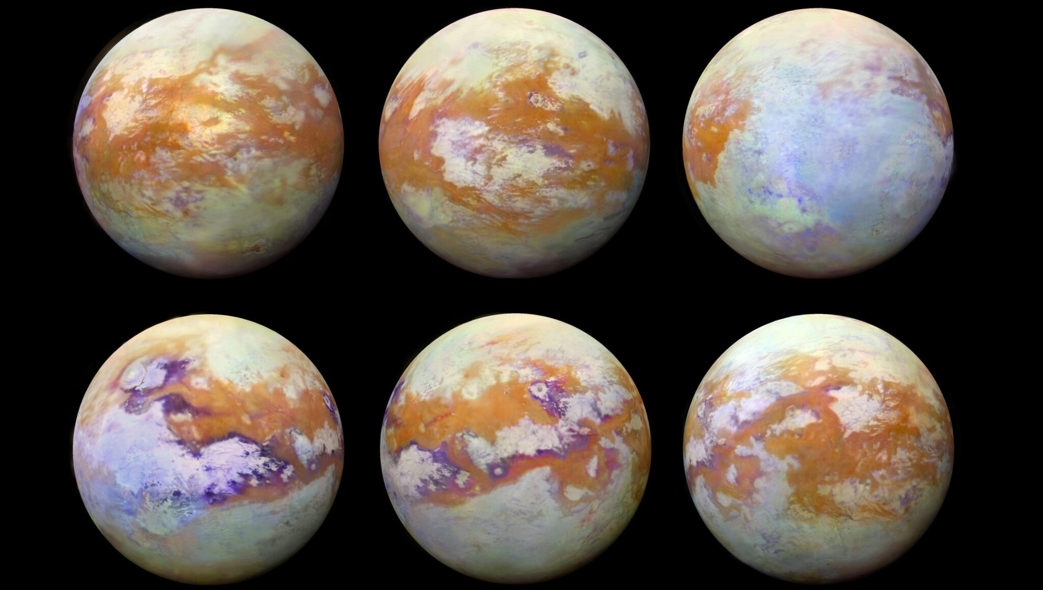 AI-generated map of patchy methane clouds over Titan's hazy surface from Cassini data