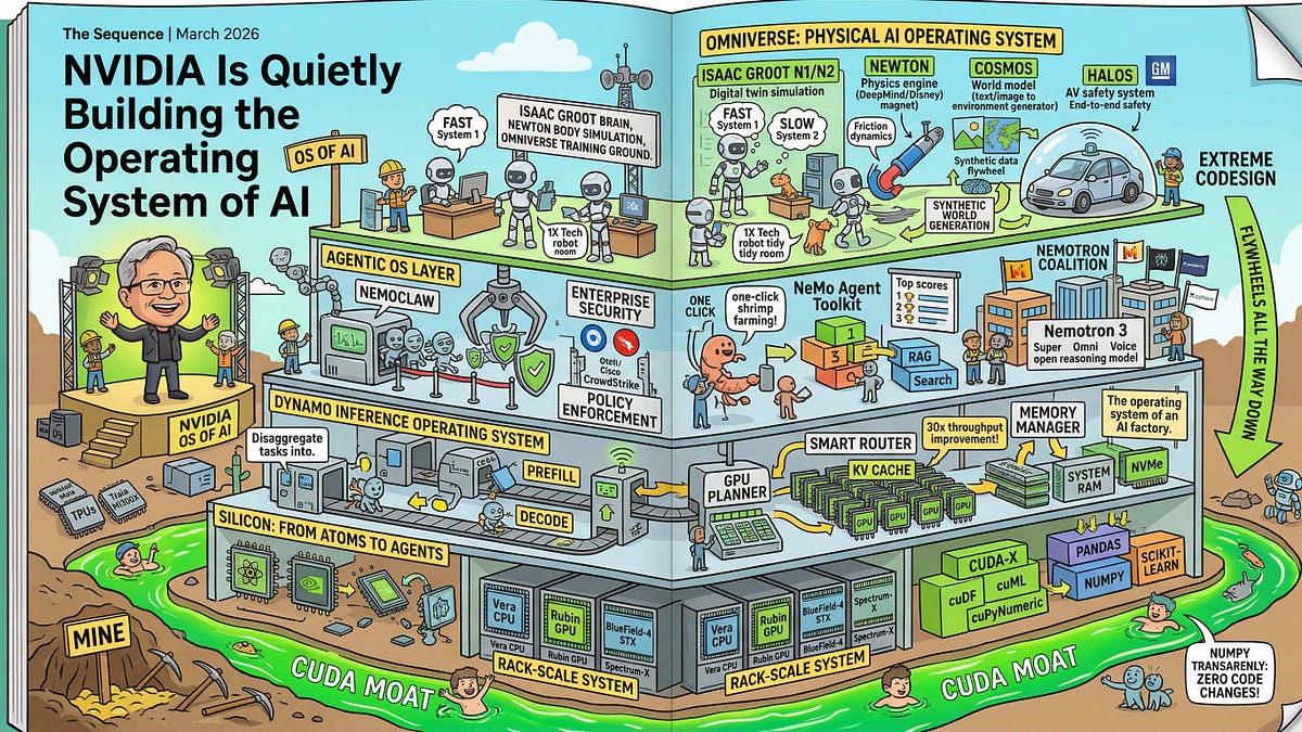 Jensen Huang no palco do GTC 2026 anunciando a plataforma de SO de IA da NVIDIA