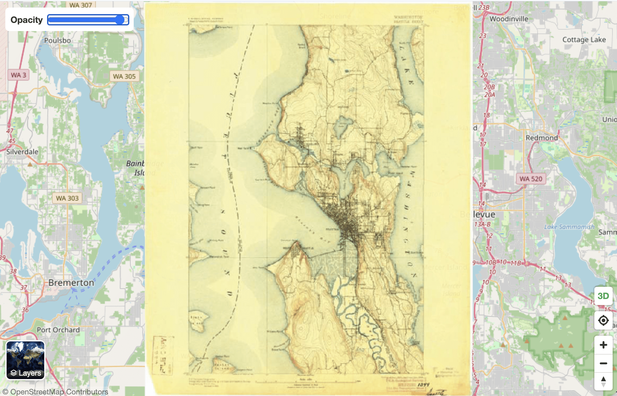 Screenshot of the Past Maps website showing a historical map overlaid on a modern map of a city.