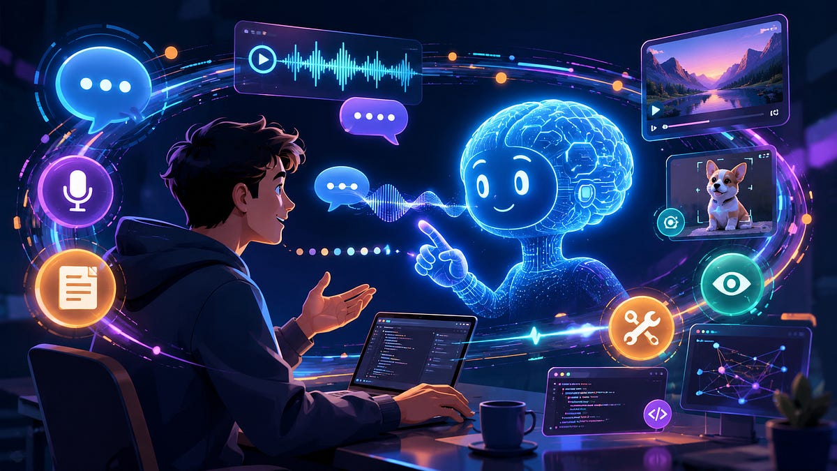 A conceptual illustration of an AI system processing multiple data streams including text, images, and sound waves.