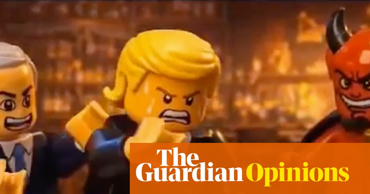 AI-generated Lego figurines of Donald Trump, Satan, and Netanyahu in a propagandistic video scene