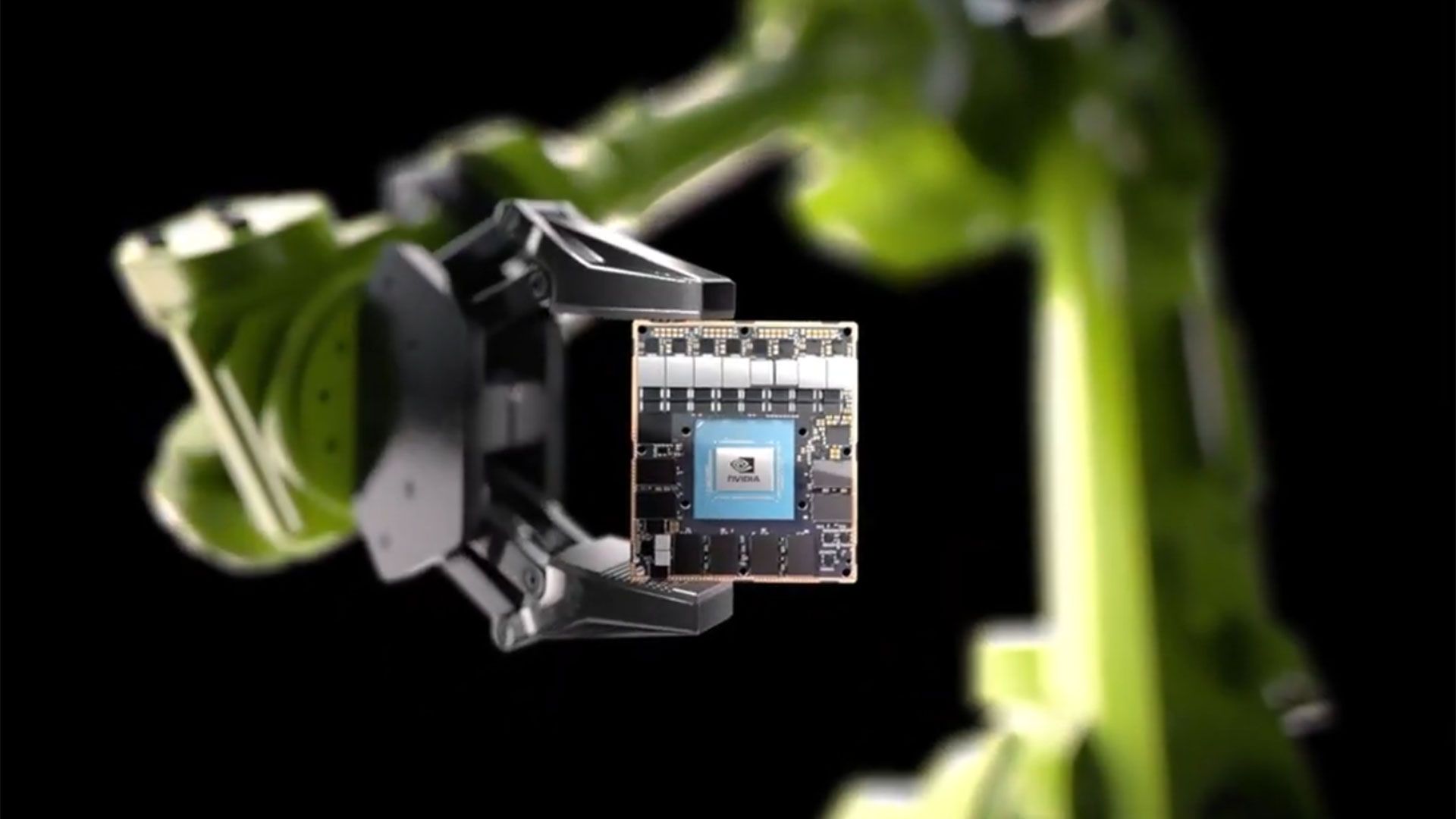 Close-up of a Nvidia Jetson module with its heatsink removed, showing the circuit board and memory chips.
