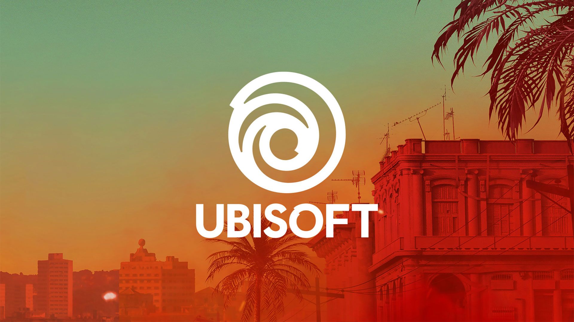 Ubisoft logo against a backdrop of financial charts showing a steep decline.