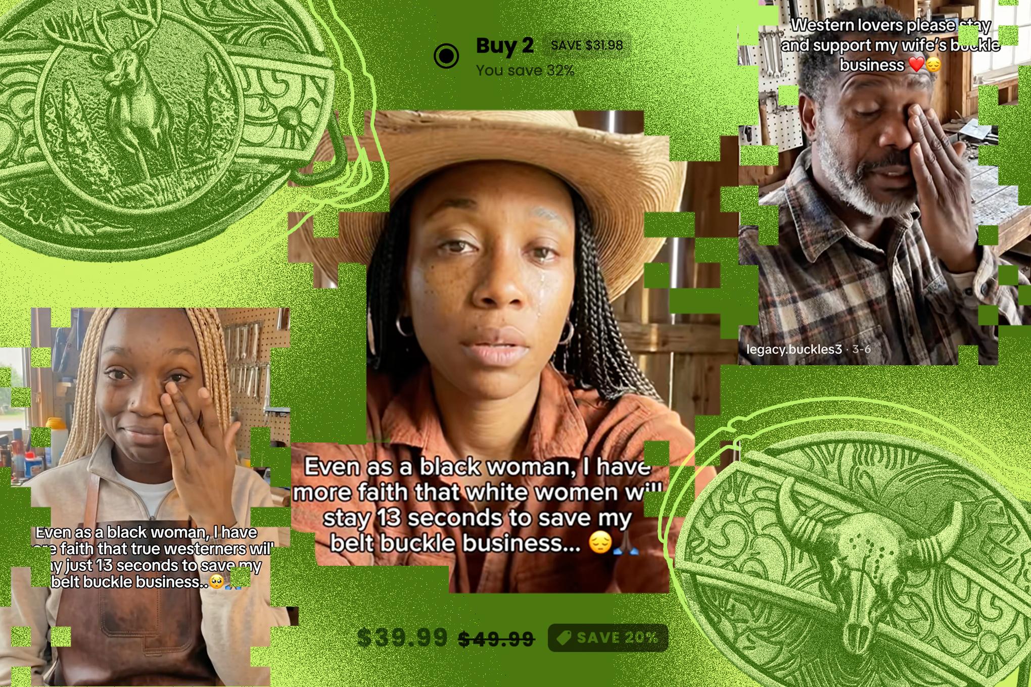Screenshot of an AI-generated influencer crying while promoting a product.