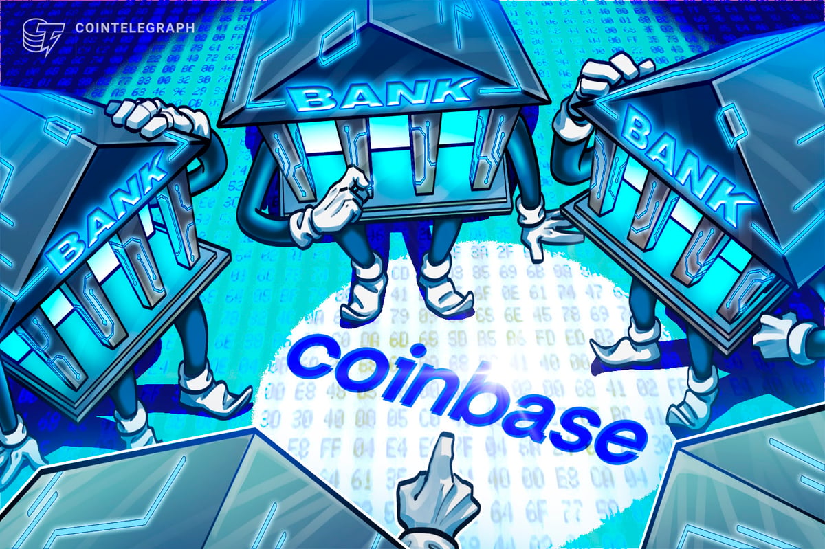Imagen dividida: logo de Coinbase en un lado, edificio de banca tradicional en el otro, con documentos regulatorios entre ellos, simbolizando la división regulatoria sobre cartas fiduciarias de criptomonedas