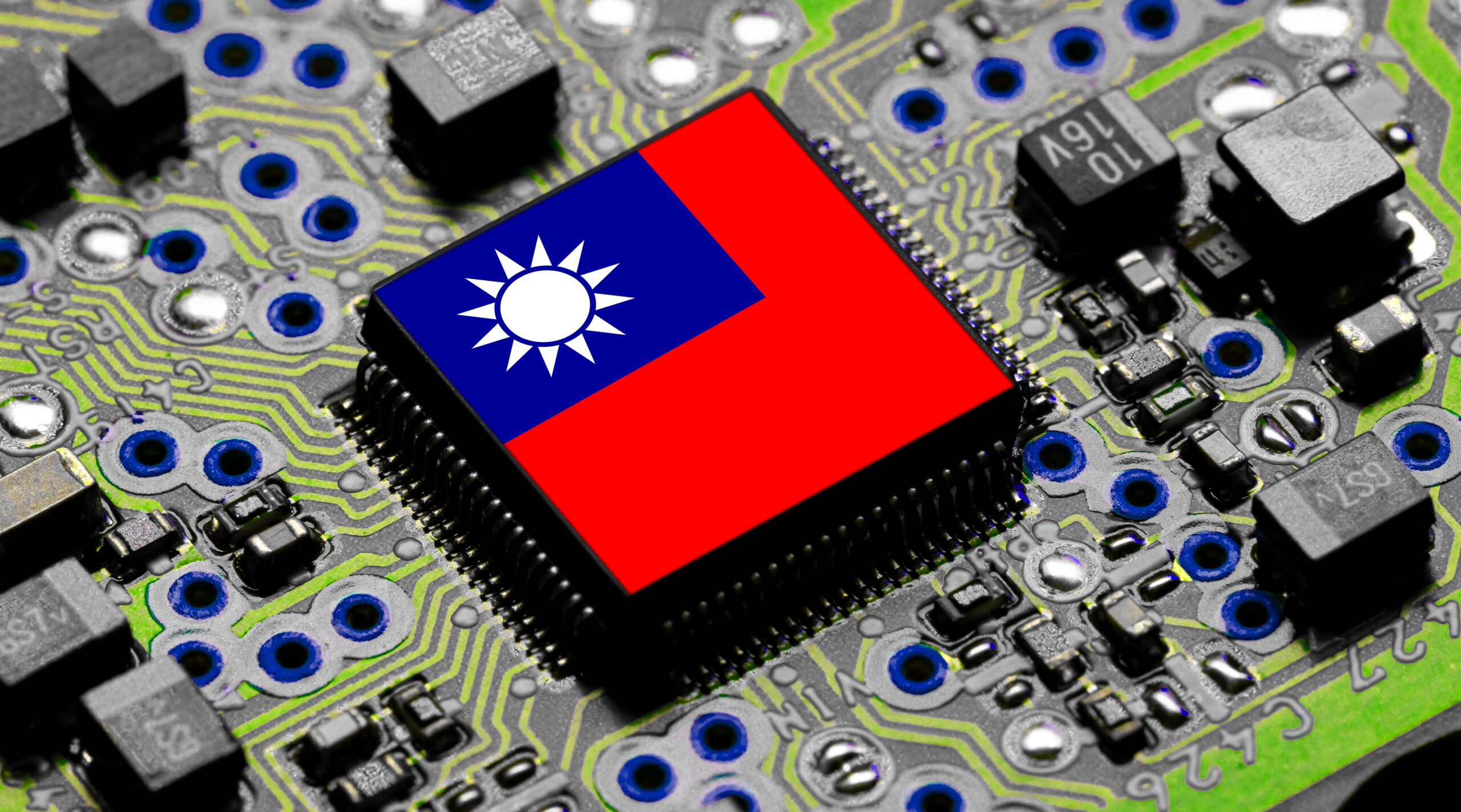 Map of Taiwan Strait with Chinese jets, cyber attack icons, and semiconductor wafers