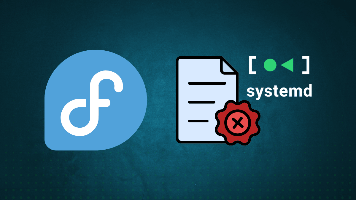 Fedora logo crossed out with systemd gears in background
