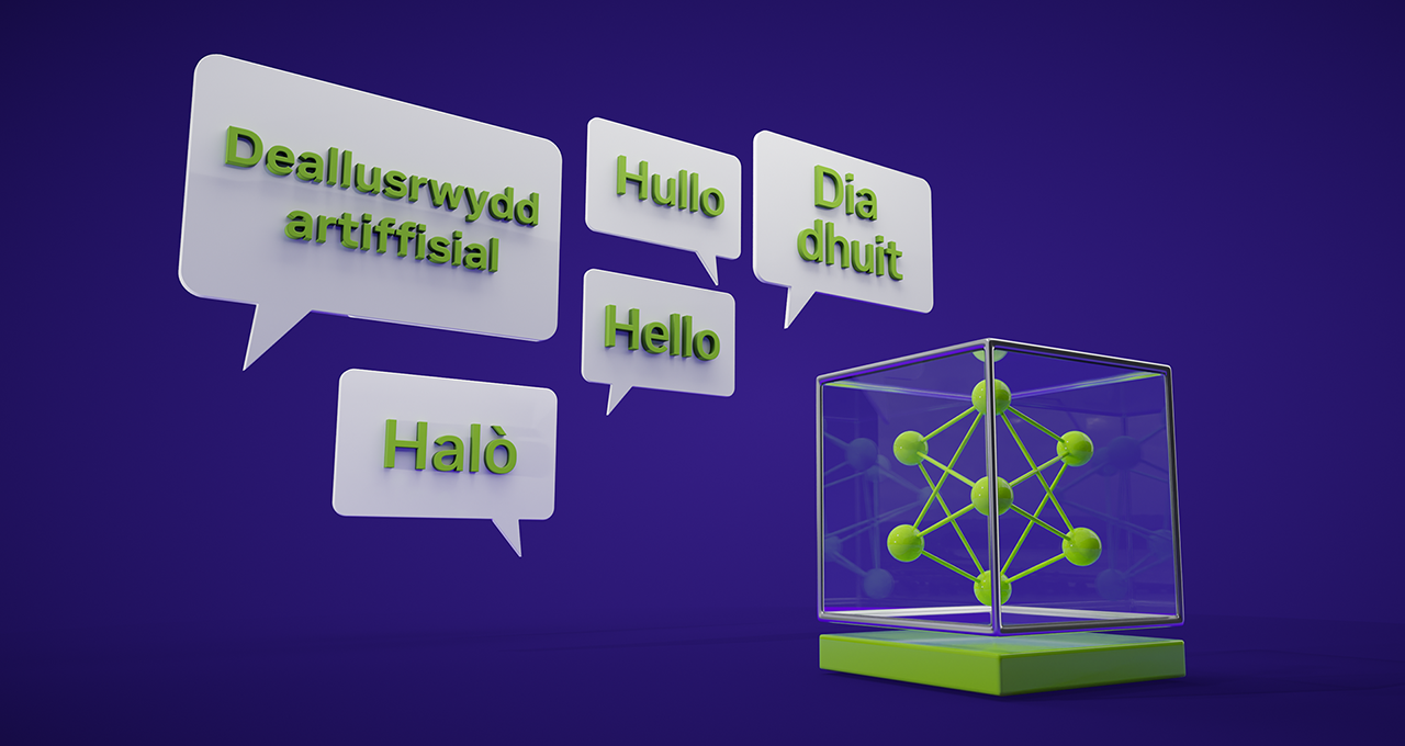 Welsh flag overlaid with NVIDIA GPU and AI language model visualization