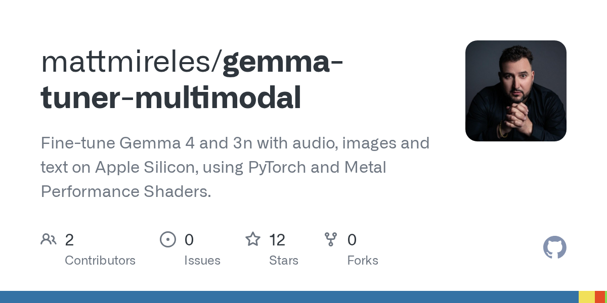 MacBook screen showing Gemma 4 Multimodal Fine-Tuner CLI training a model on images and audio