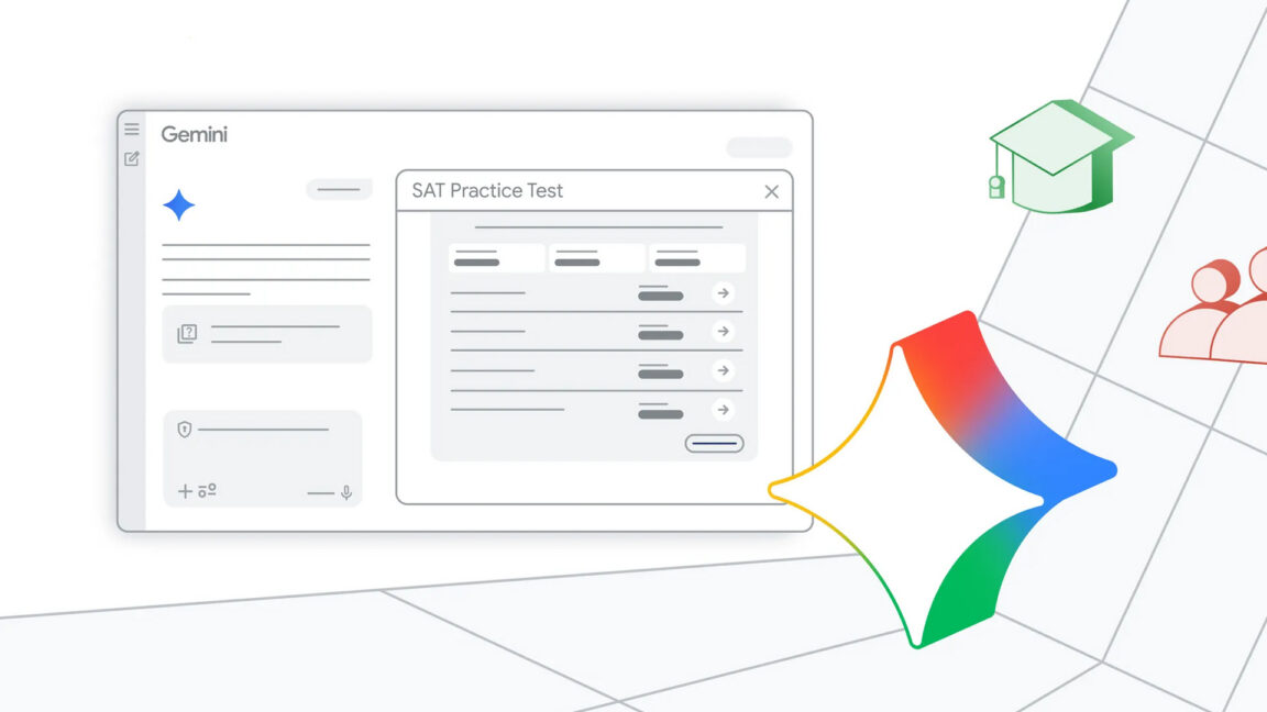 Gemini AI interface showing SAT practice test with score graph and explain button