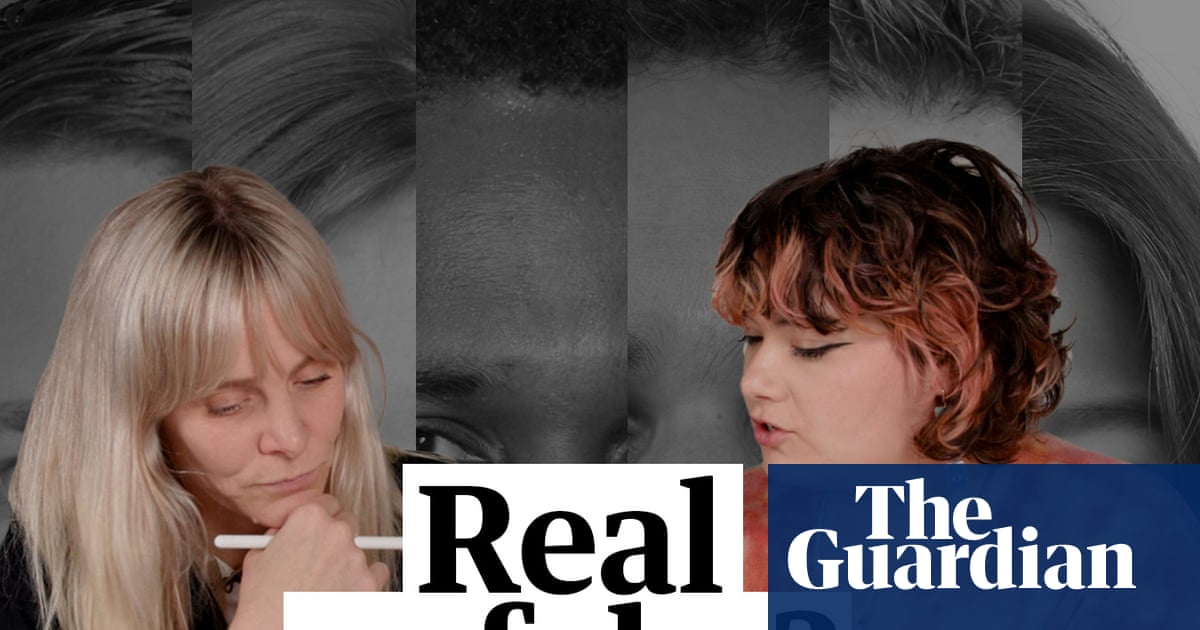 A split image showing a real human face on one side and an AI-generated face on the other, with a question mark overlay.