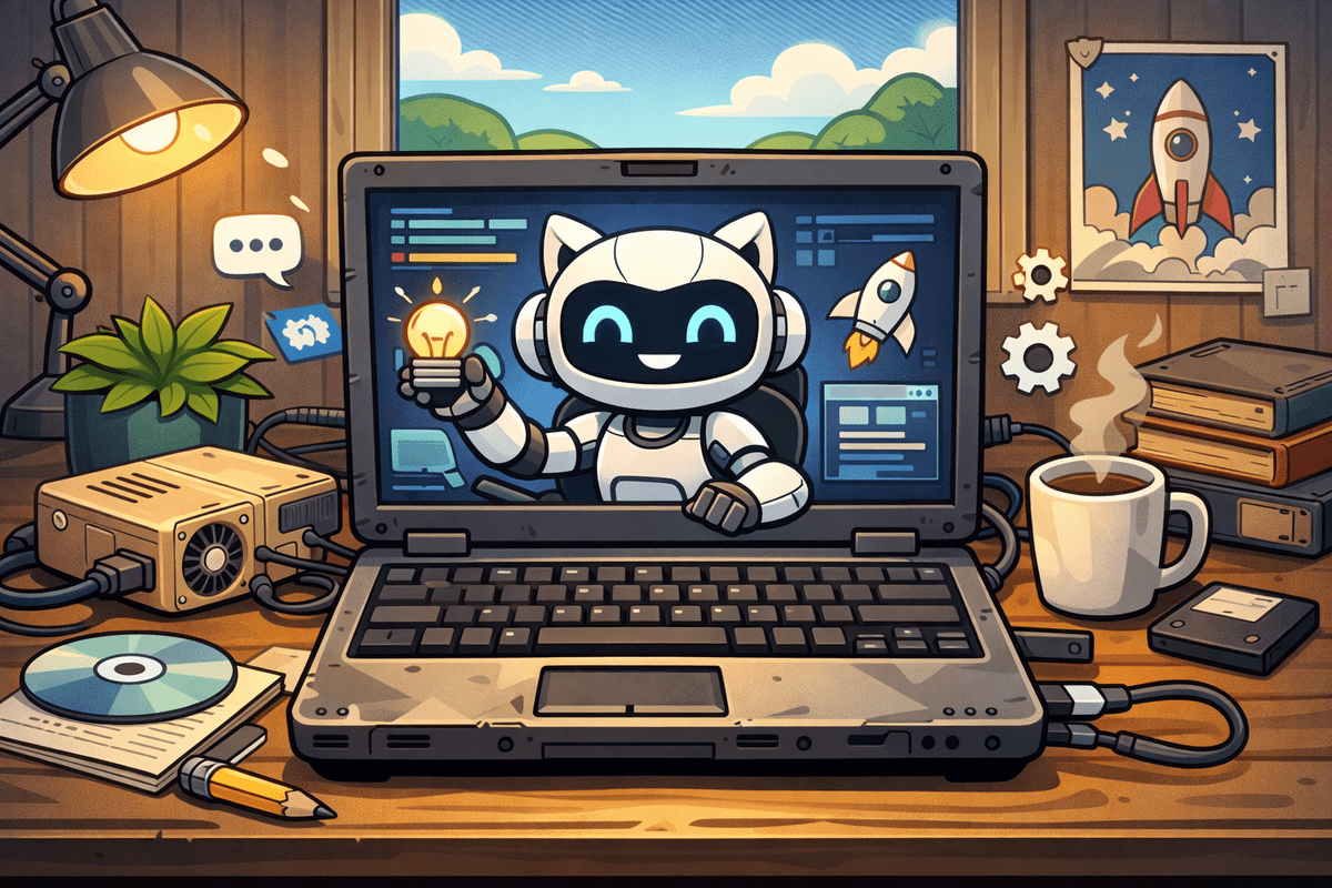 Old laptop screen showing Qwen3.5 AI agent building Python code via OpenCode