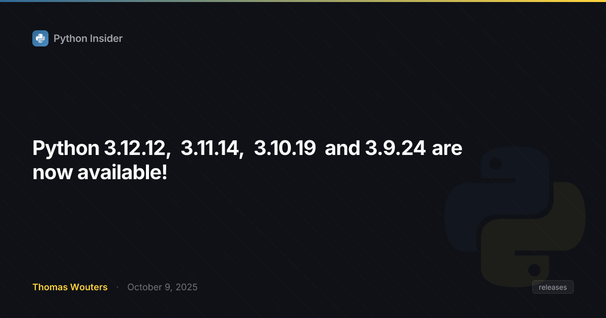 Python release announcement with security patch icons and version numbers