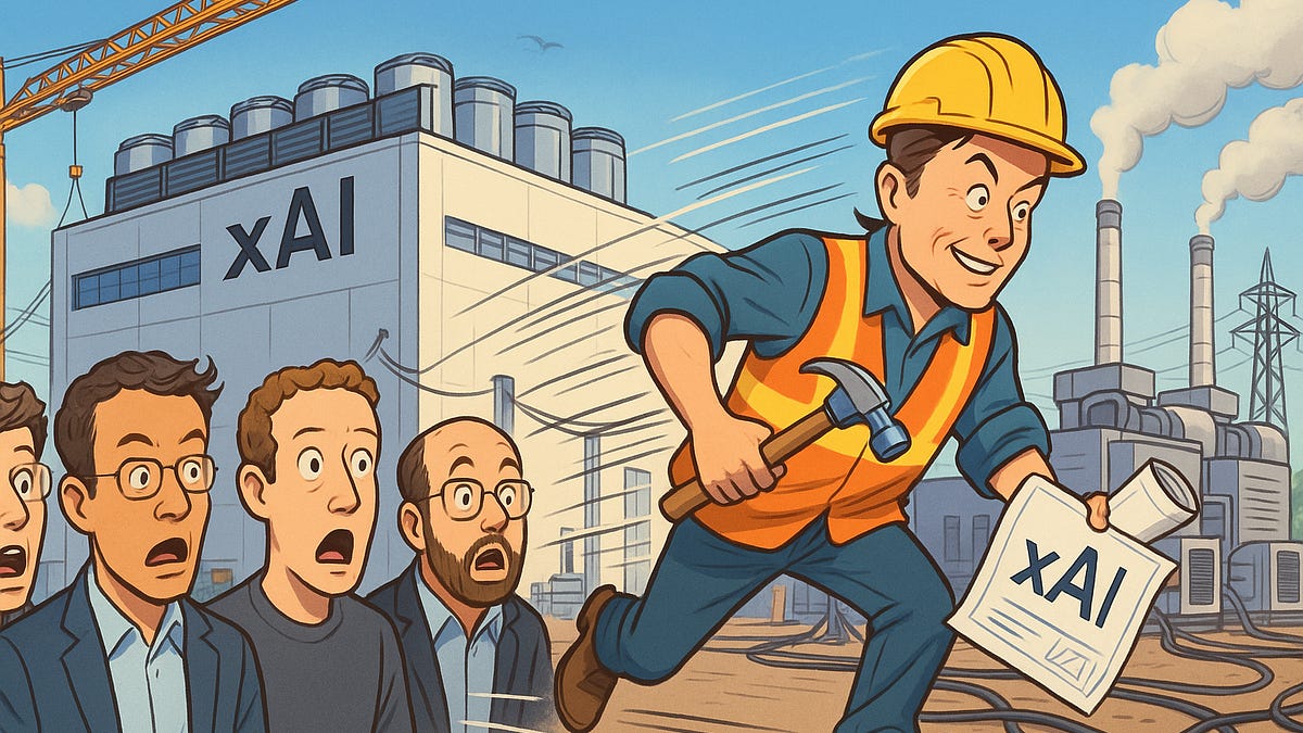 Aerial view of xAI Colossus 2 datacenter construction with turbines and Tesla Megapacks in Memphis-Southaven