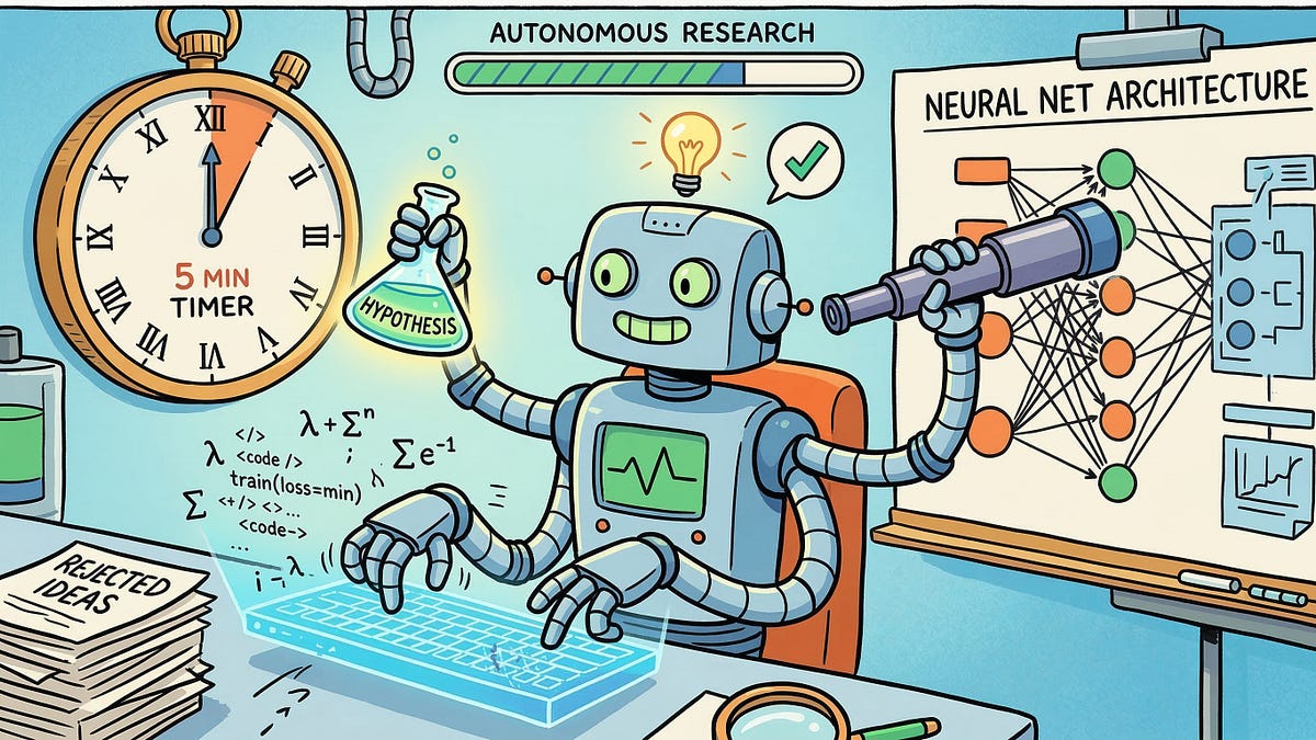 Diagram of Karpathy's AutoResearch agent swarm iterating on ML experiments autonomously