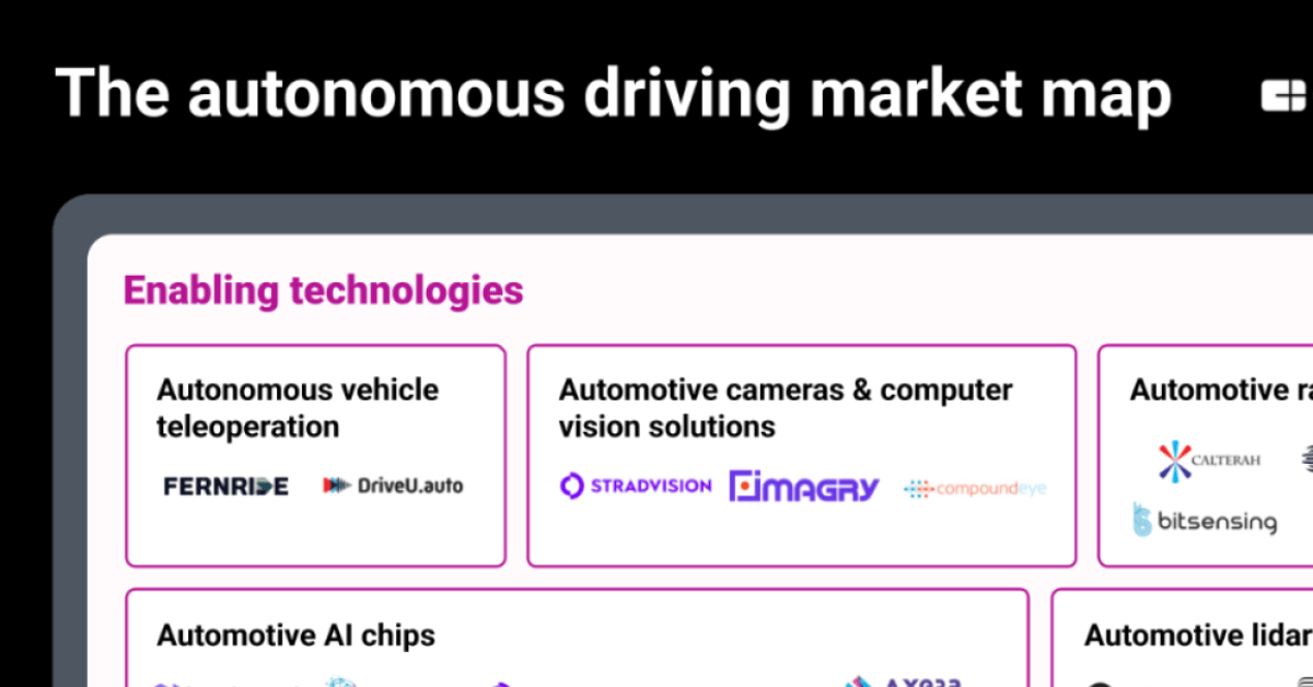 Colorful market map categorizing 90+ autonomous driving companies by enabling technologies, platforms, and vehicle development