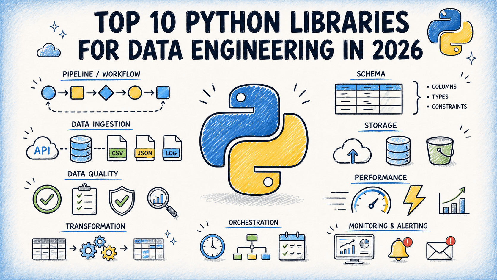 A stylized graphic representing interconnected data pipelines with Python code snippets.