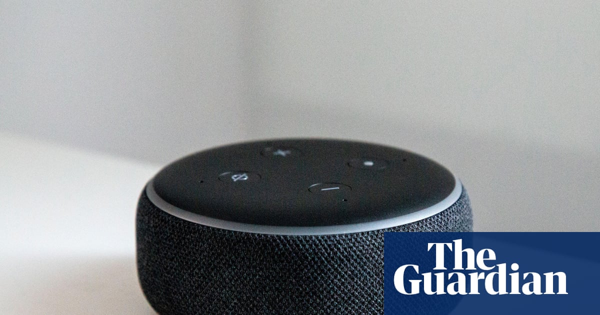 Person speaking politely to Amazon Echo Alexa device on kitchen counter