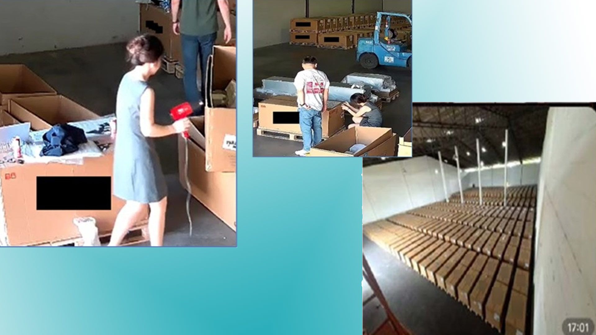 CCTV still of workers using hairdryer to remove serial number stickers from Nvidia servers