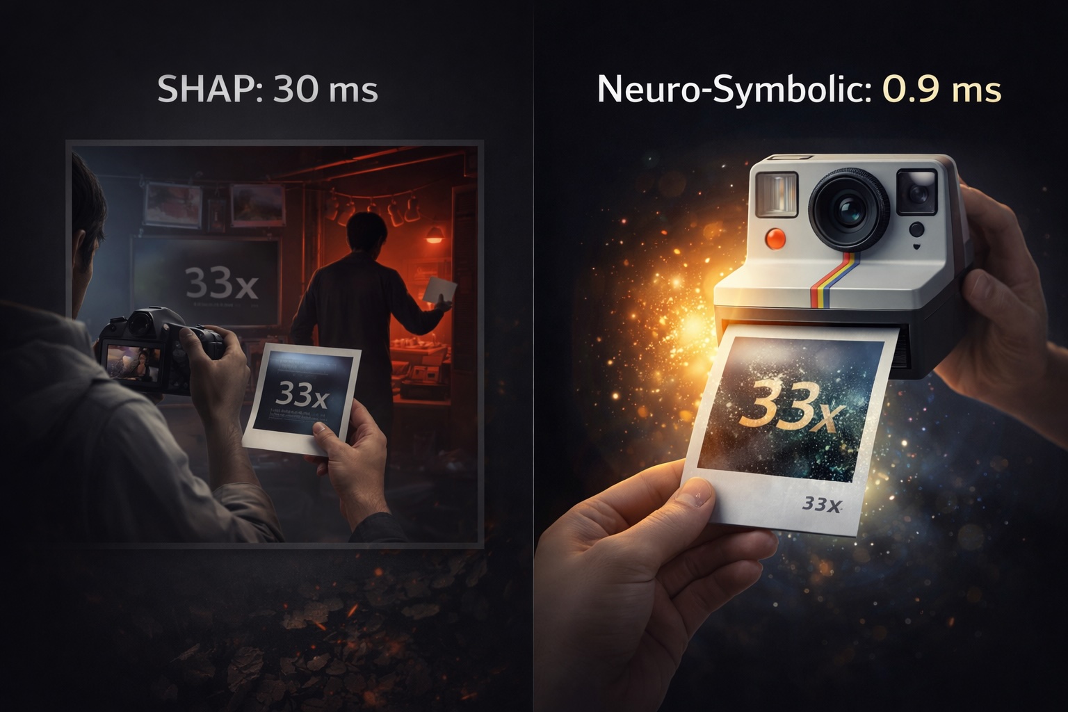 Neuro-symbolic model visualization showing real-time fraud explanation with feature rules