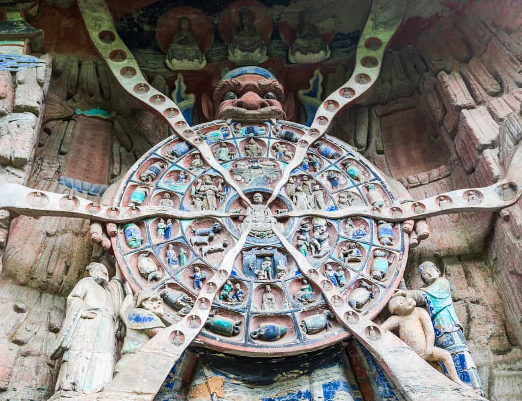 Serene Buddhist monk meditating beside glowing AI neural network