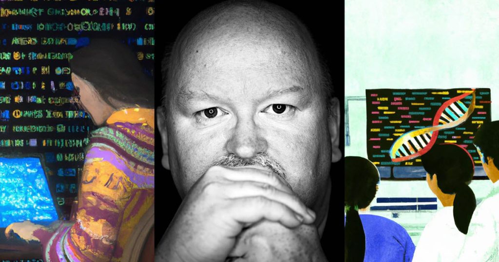 Kevin Scott discussing AI advancements with futuristic code and art visuals