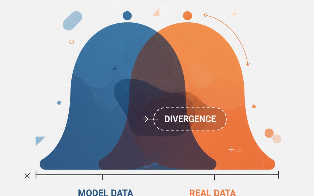 Two overlapping probability distributions with divergence arrows highlighting mismatches
