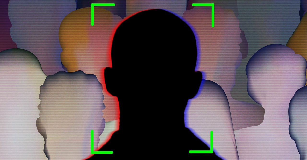 A security camera lens superimposed over a silhouette of a person's face.