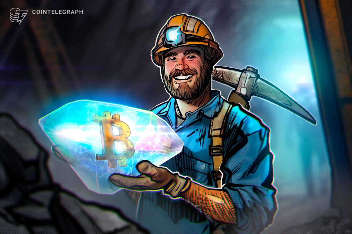 Illustration of a lone Bitcoin miner celebrating a glowing block reward amid industrial mining rigs