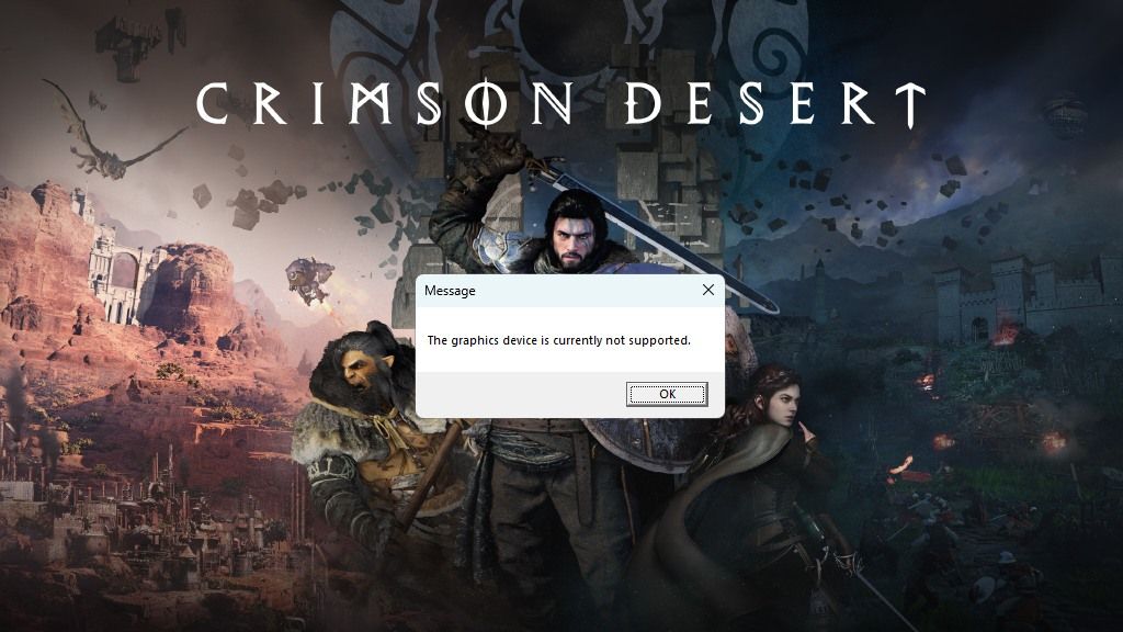 Crimson Desert launch error screen on Intel Arc GPU with refund prompt