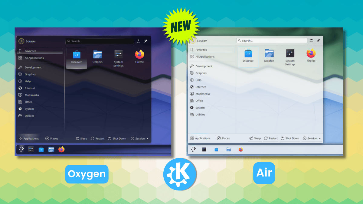 KDE Plasma desktop showcasing restored glassy Oxygen and Air themes with blurred transparency