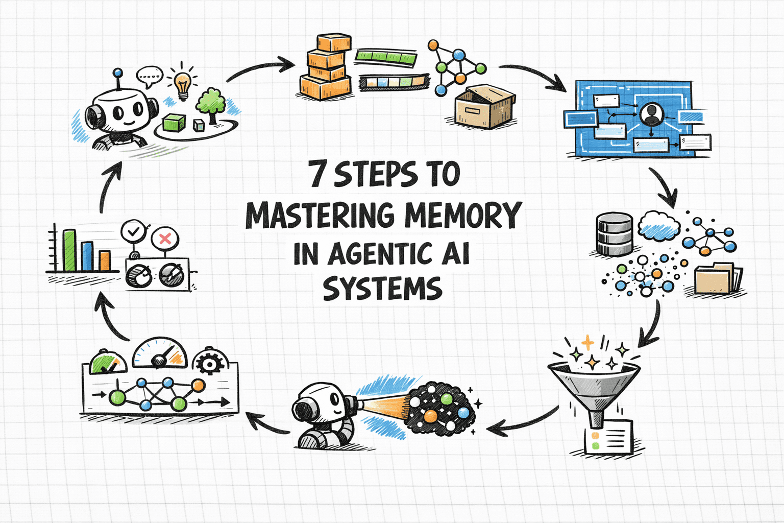 Diagram of AI agent memory layers: short-term buffer to long-term vector storage