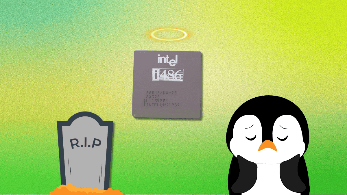 Vintage Intel 486 DX2 processor chip next to modern Linux kernel source code on a circuit board