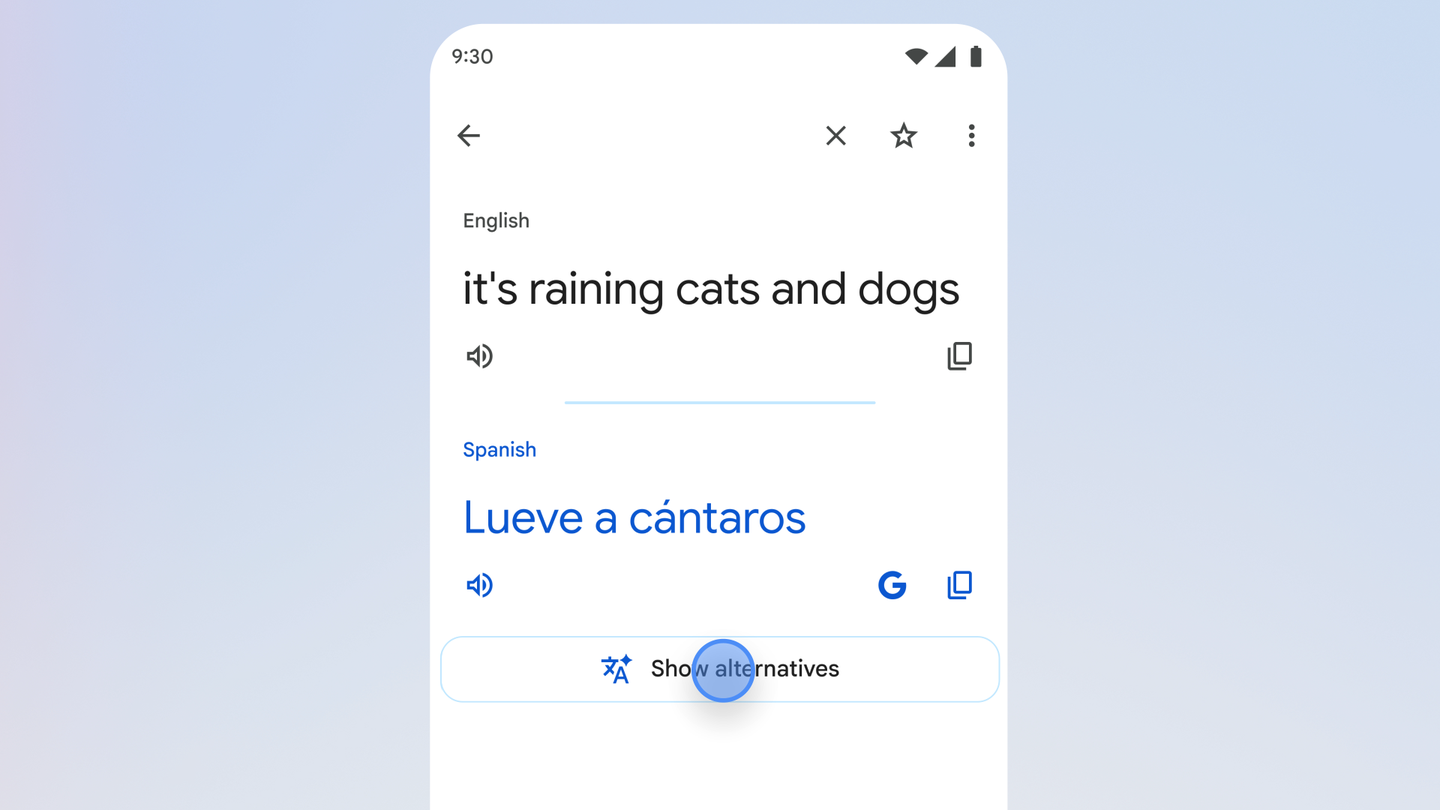 Google Translate app interface showing AI alternatives for idioms like raining cats and dogs
