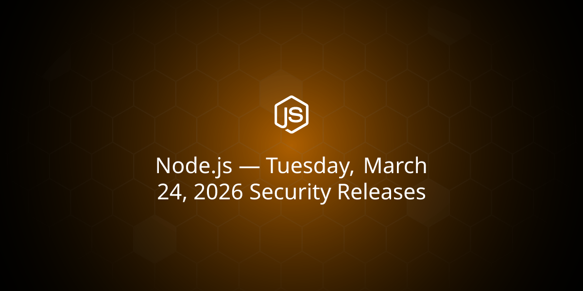 Node.js security release announcement with vulnerability icons and update badge