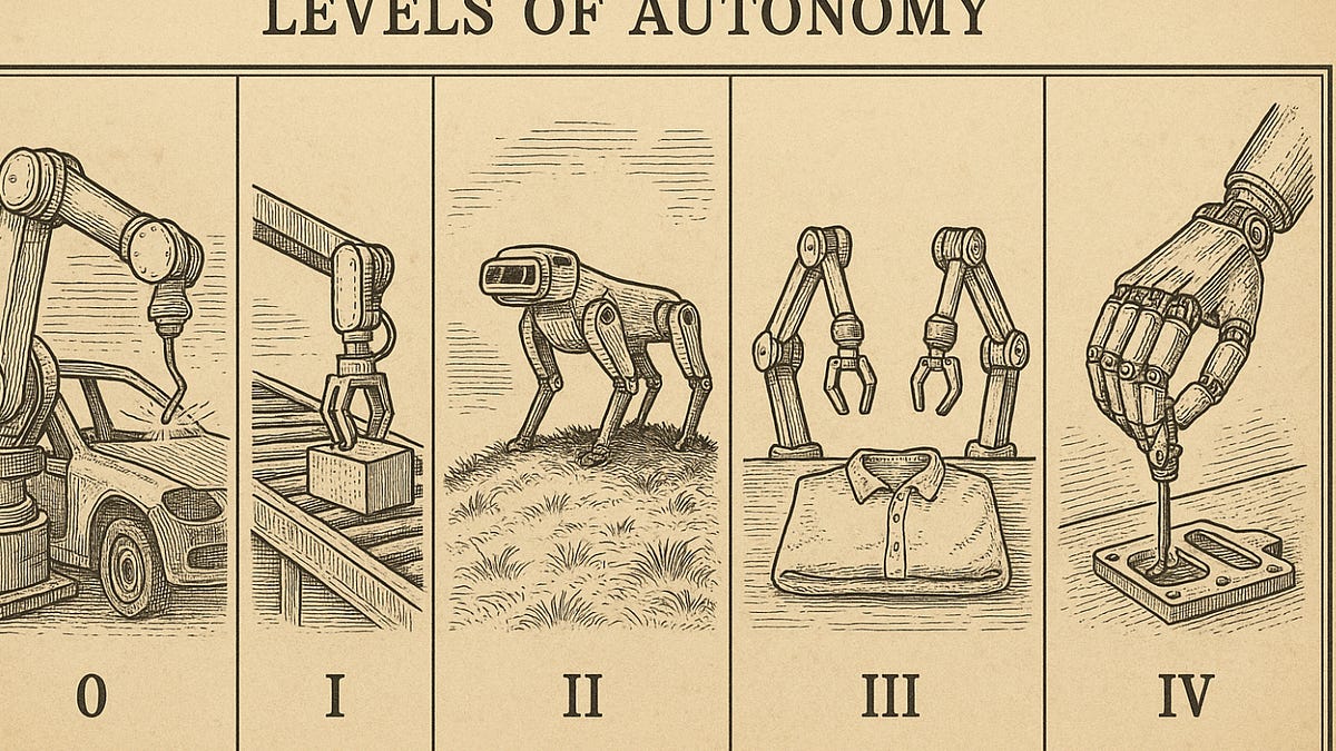 Diagram of five Robotics Levels of Autonomy, from scripted motion to full general-purpose task mastery