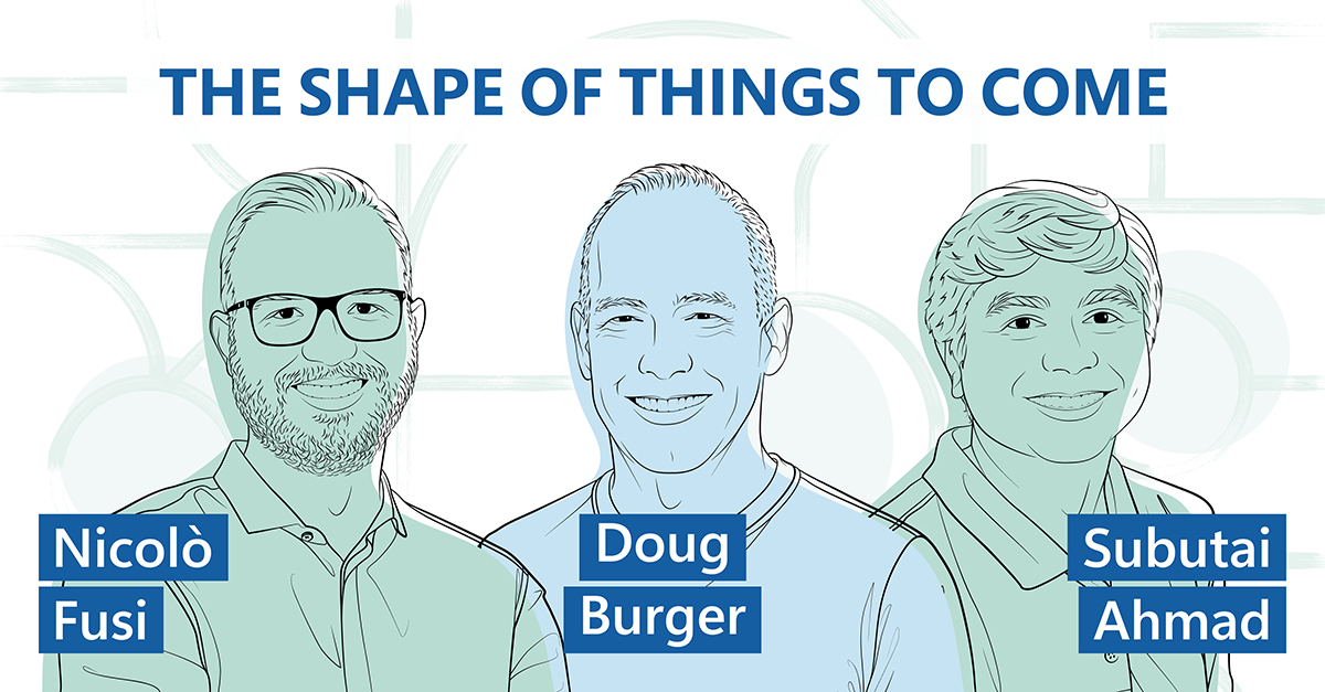 Microsoft researchers Doug Burger, Nicolò Fusi, and Subutai Ahmad debating AI intelligence on podcast