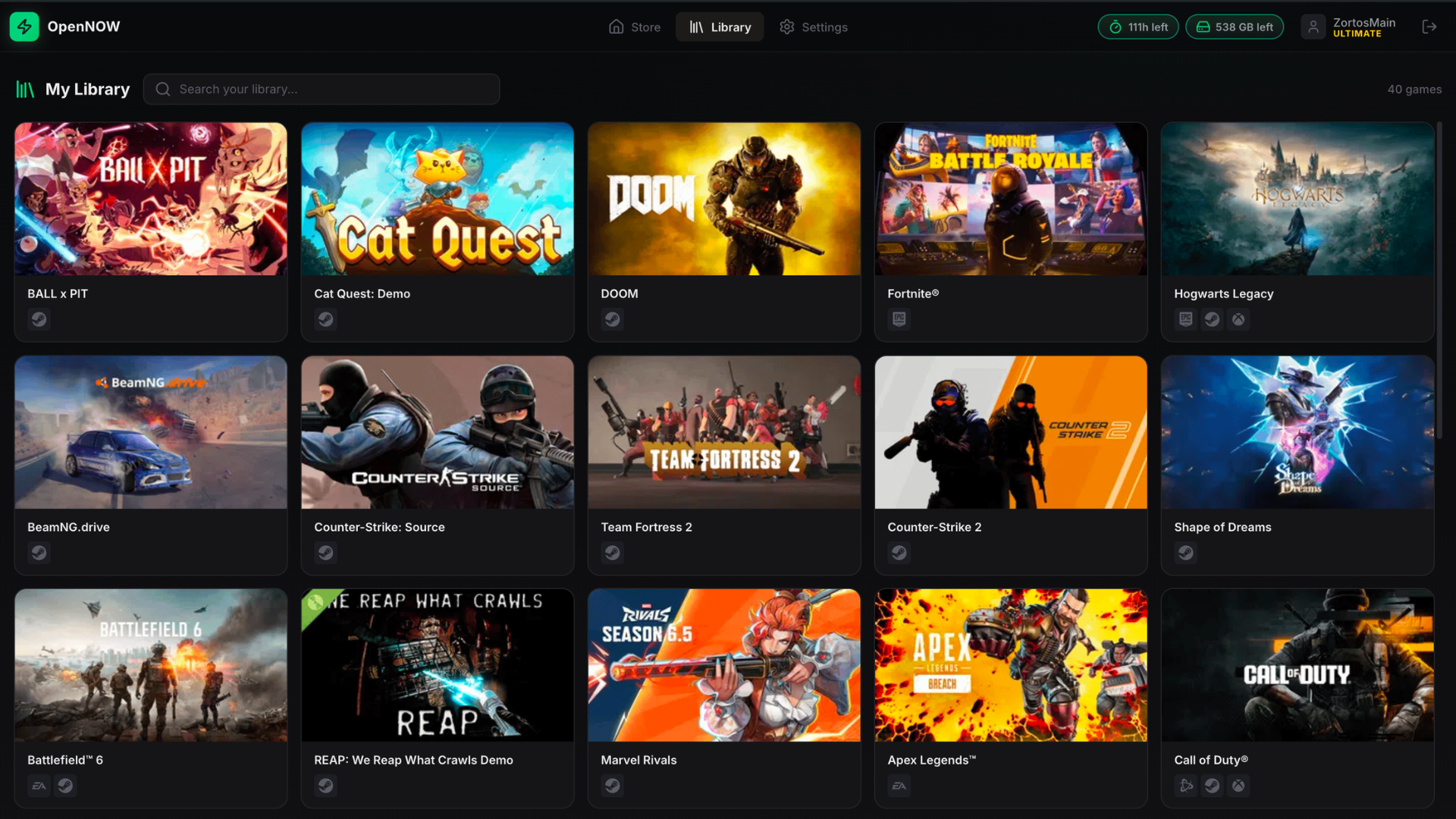 OpenNOW open-source client interface streaming 4K game on Linux desktop