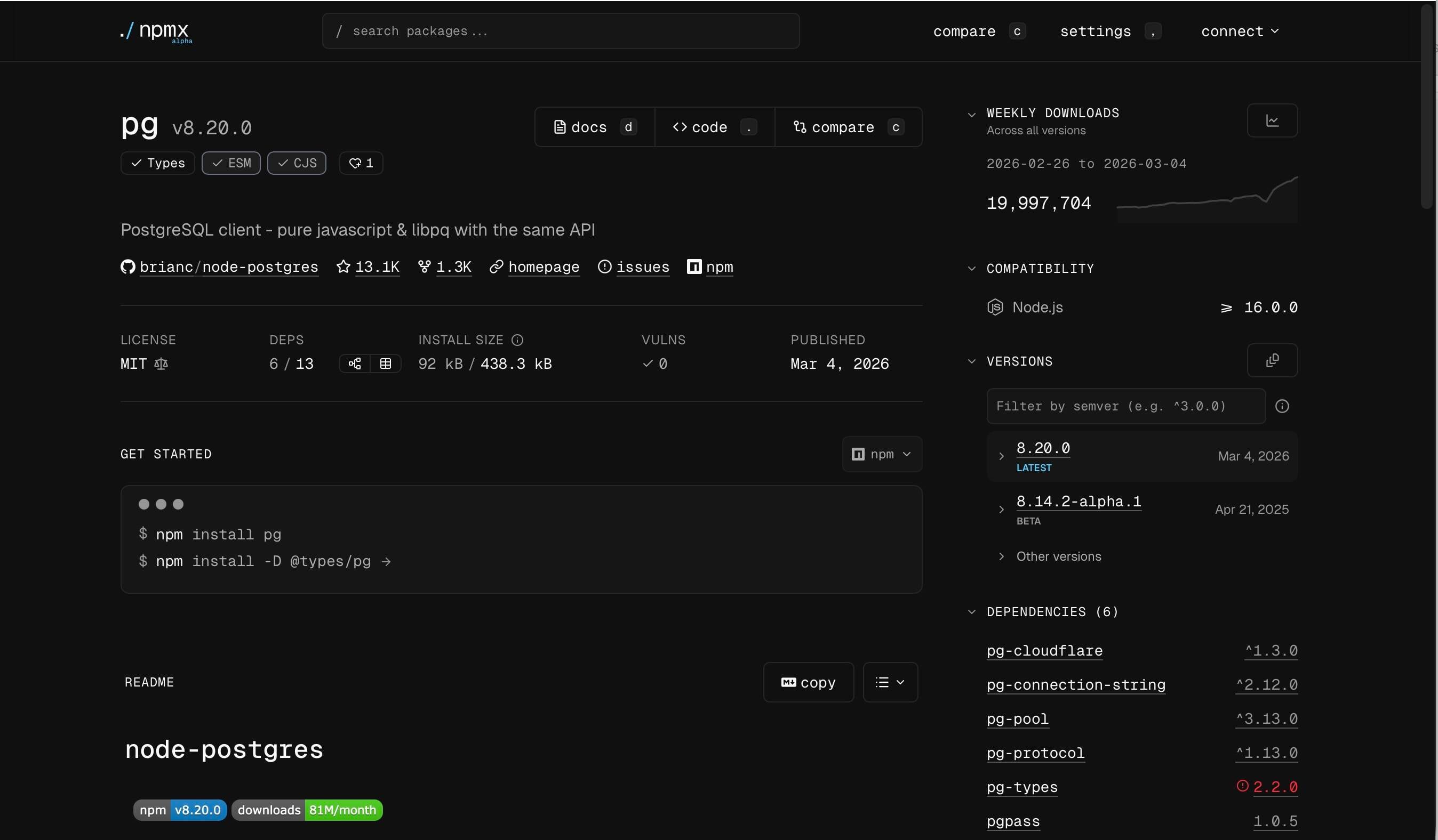npmx package browser alpha interface with dark mode, package details, and dependency tree