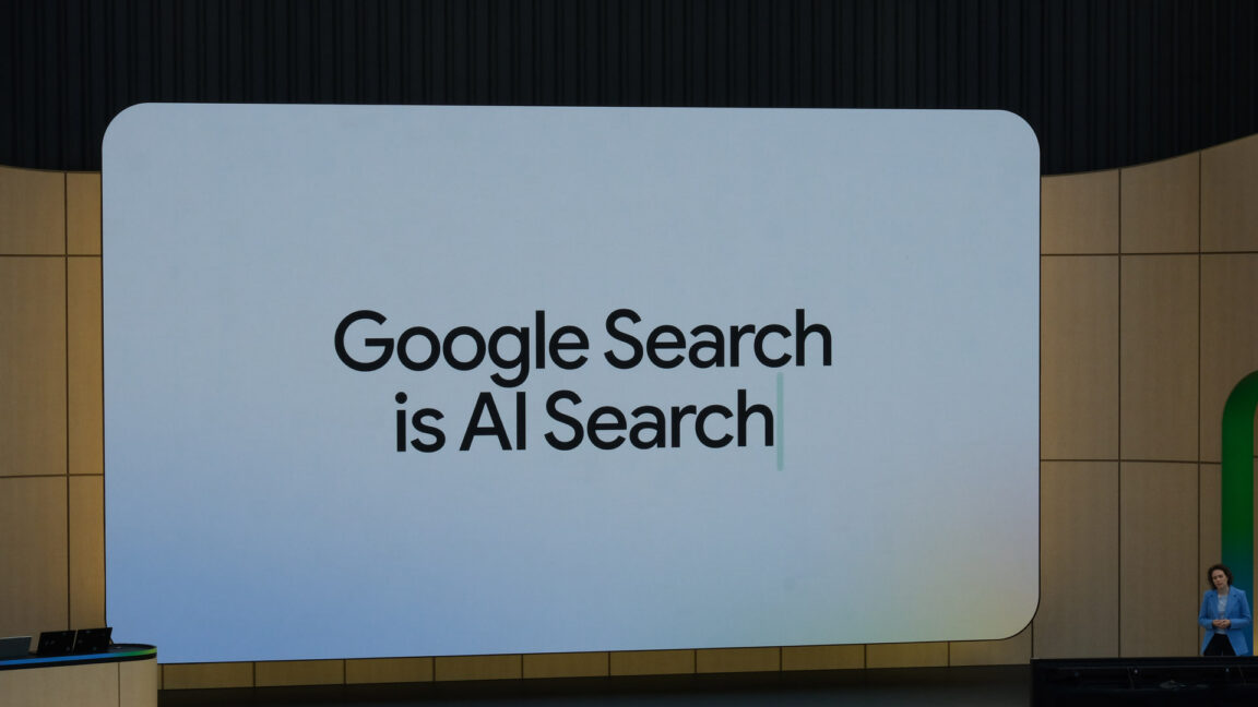 A stylized graphic showing a search bar transforming into a conversational AI interface with glowing nodes and data streams.