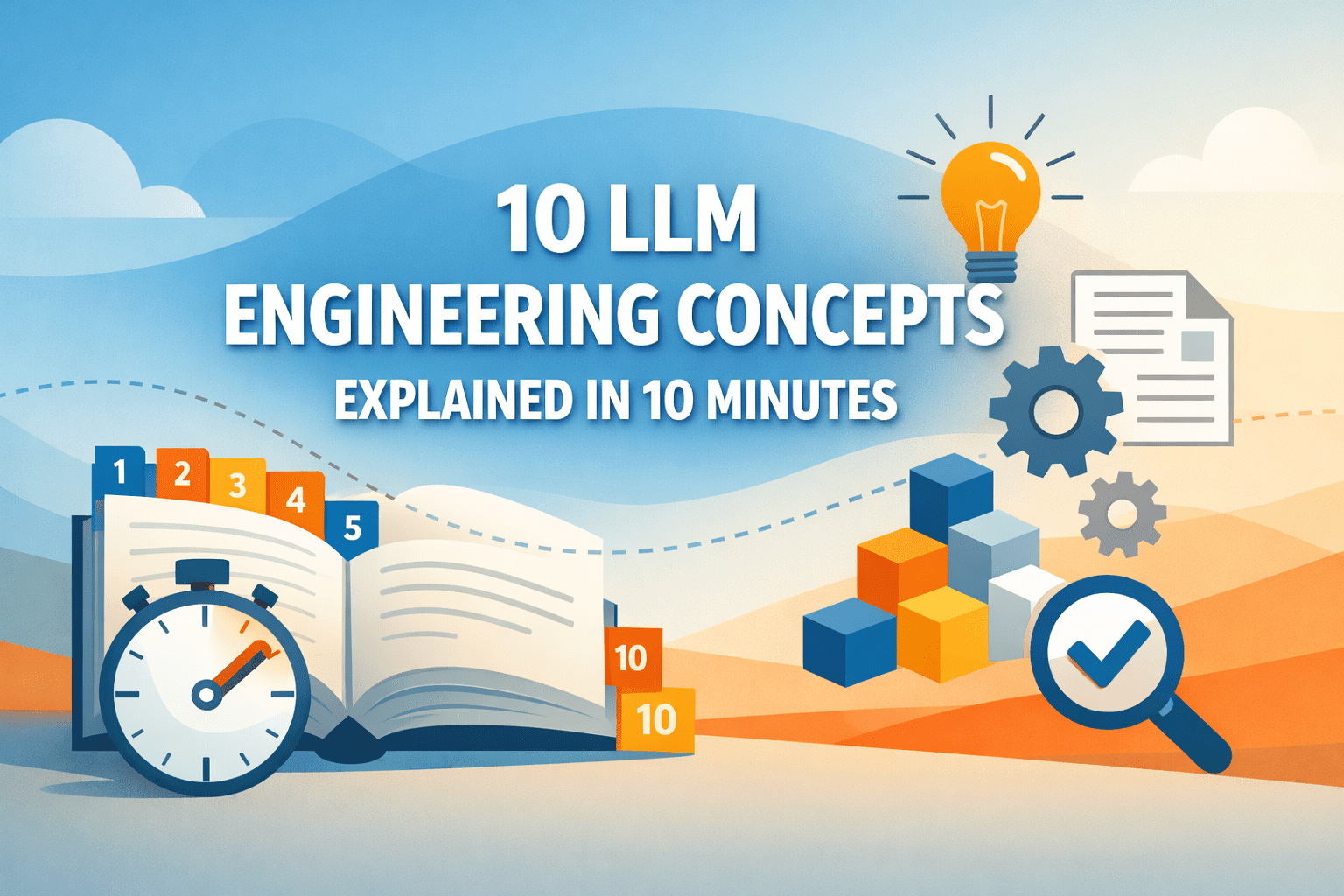Infographic breaking down 10 core LLM engineering concepts from context to evals