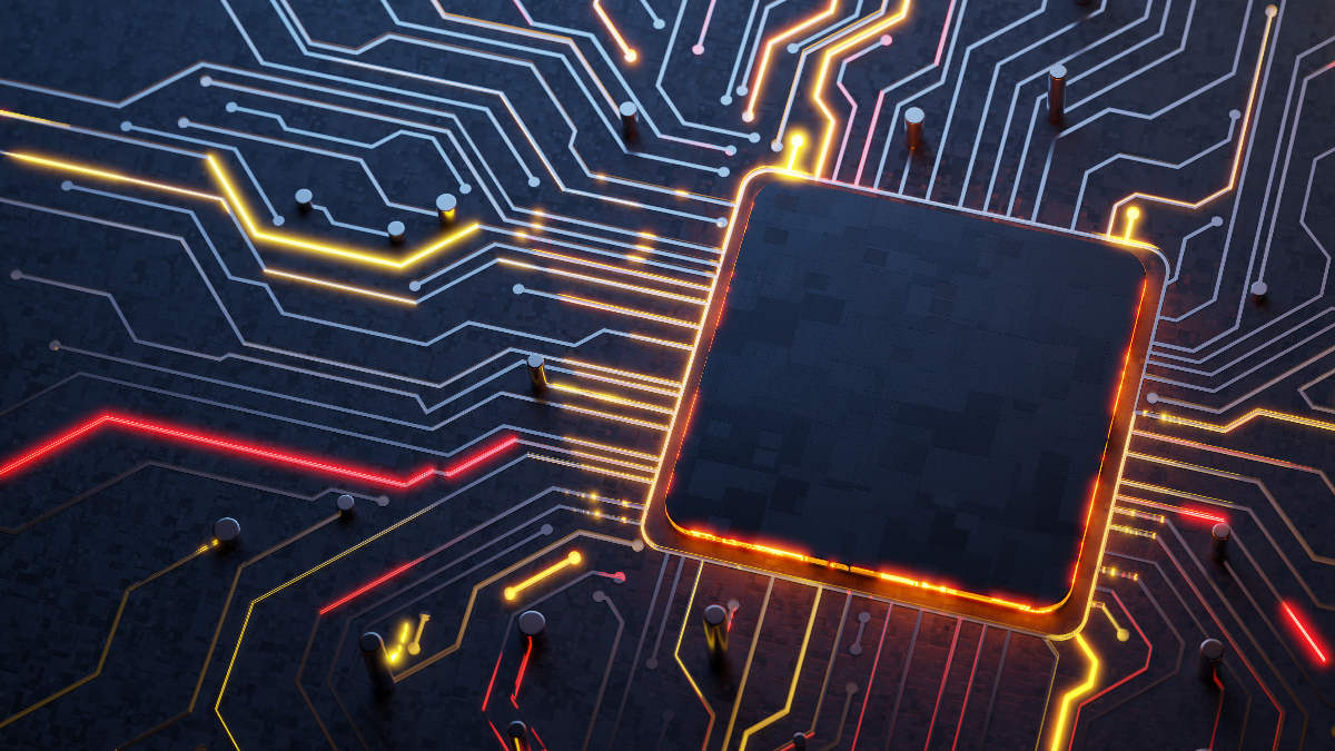 Illustration of AI neural network overlaying a microchip design blueprint