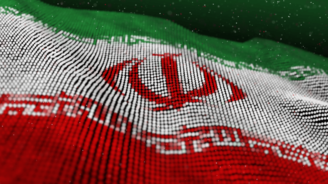 Digital lock icon with Iranian flag overlay and ransomware demand screen