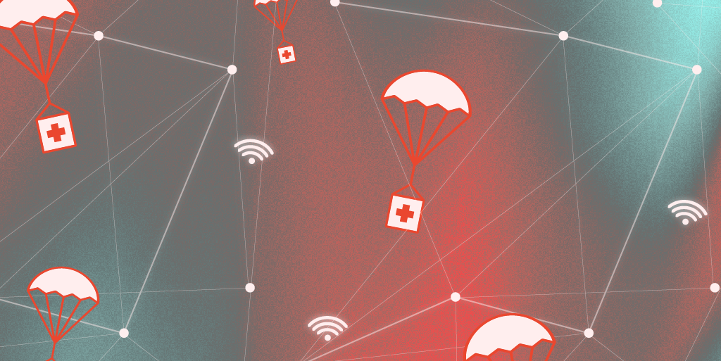 Glitchy AI chatbot interface amid humanitarian crisis camp with refugees seeking aid