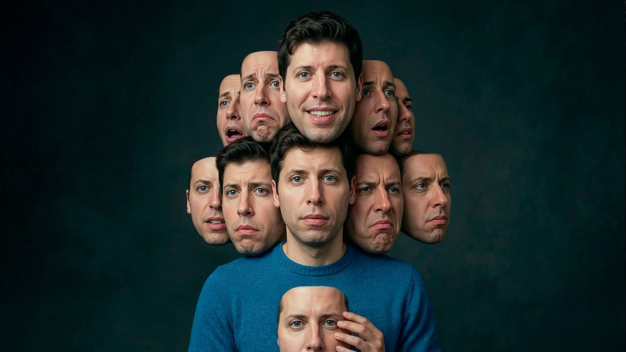 Sam Altman speaking at OpenAI event with concerned board members in background