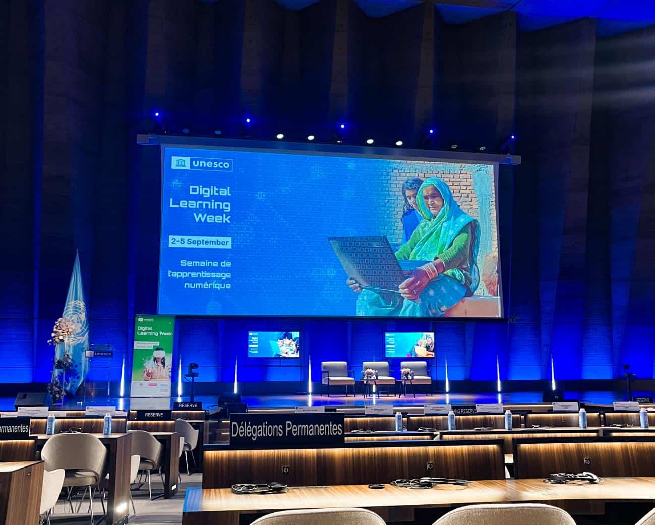 Classroom scene with students on laptops, overlaid with AI chatbot interfaces and deepfake warning icons