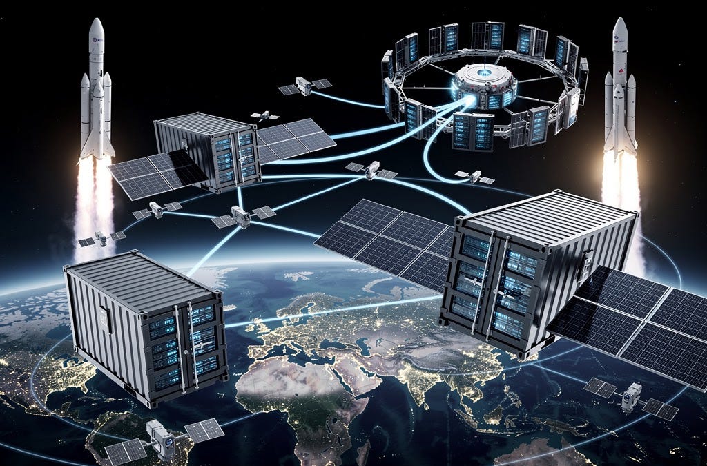 Futuristic orbital datacenter cluster with solar arrays against Earth backdrop