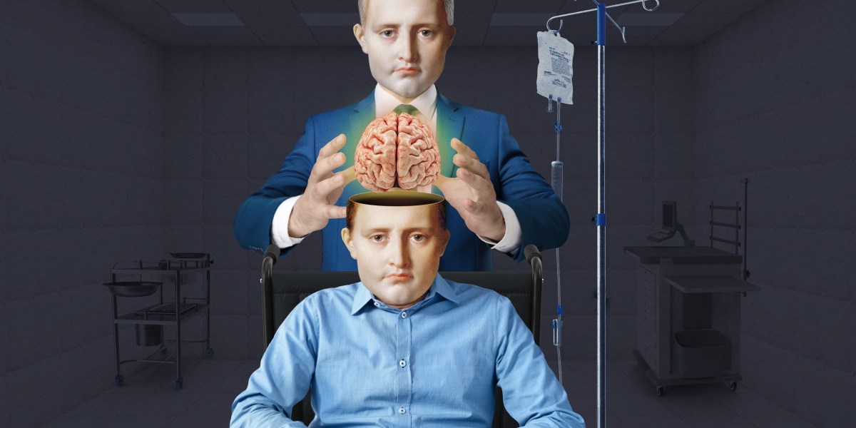 Illustration of a brainless human clone silhouette with lab equipment and ethical warning signs