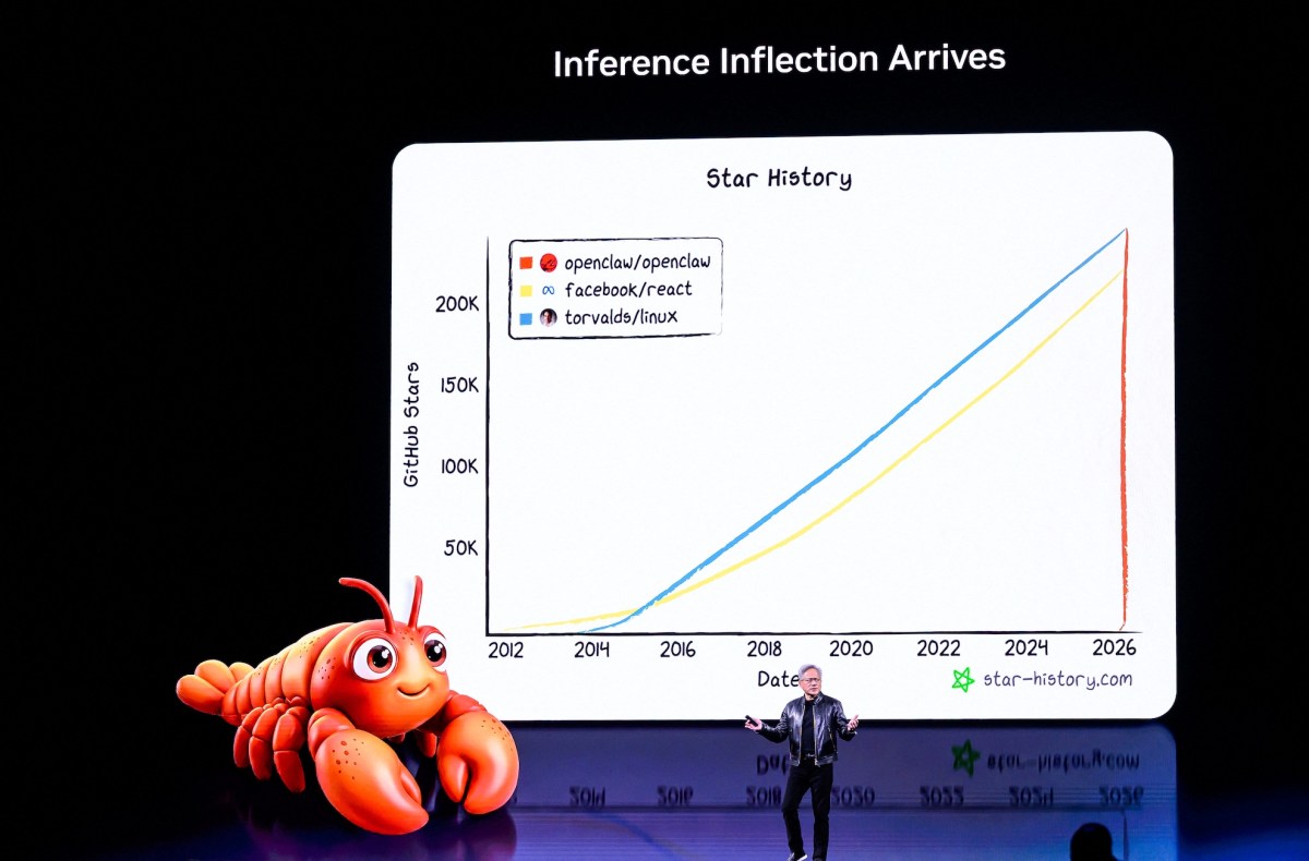 Jensen Huang on stage at Nvidia GTC in leather jacket announcing OpenClaw