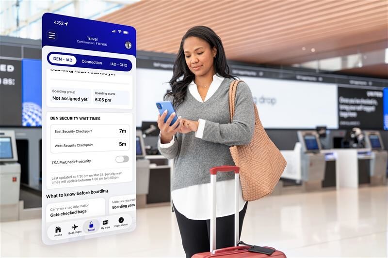 Screenshot of United Airlines app displaying TSA security line wait times at O'Hare airport
